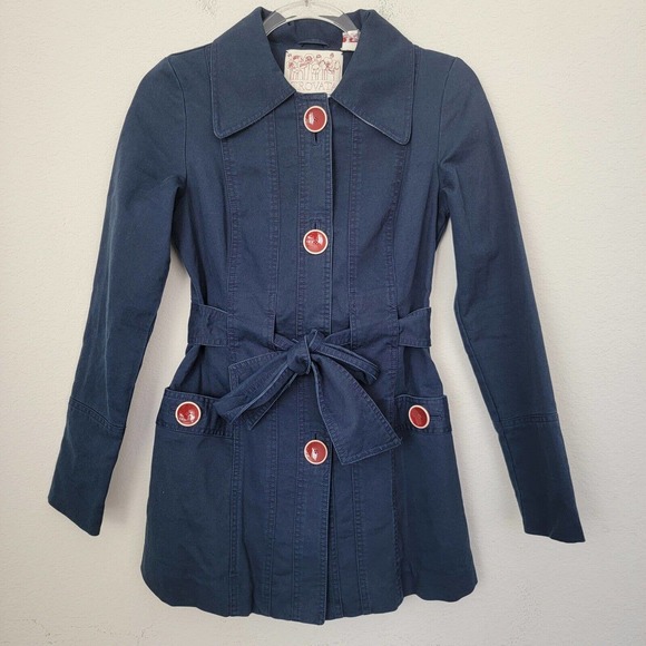 Trovata Anthropologie Pea Coat Button Down Belt Blazer Jacket XSmall 100% Cotton - Picture 1 of 9